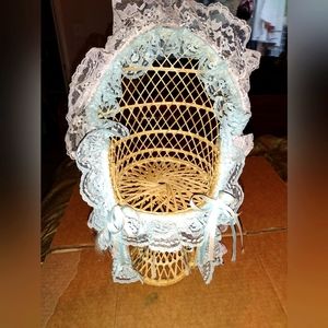 Vintage Rattan Wicker Doll Bear Chair Plant Stand Boho Weaved with Lace